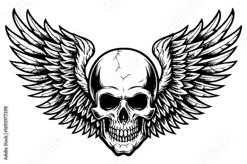 Winged Skull Illustration – Gothic Biker Emblem, Tattoo Style Skeleton Design 