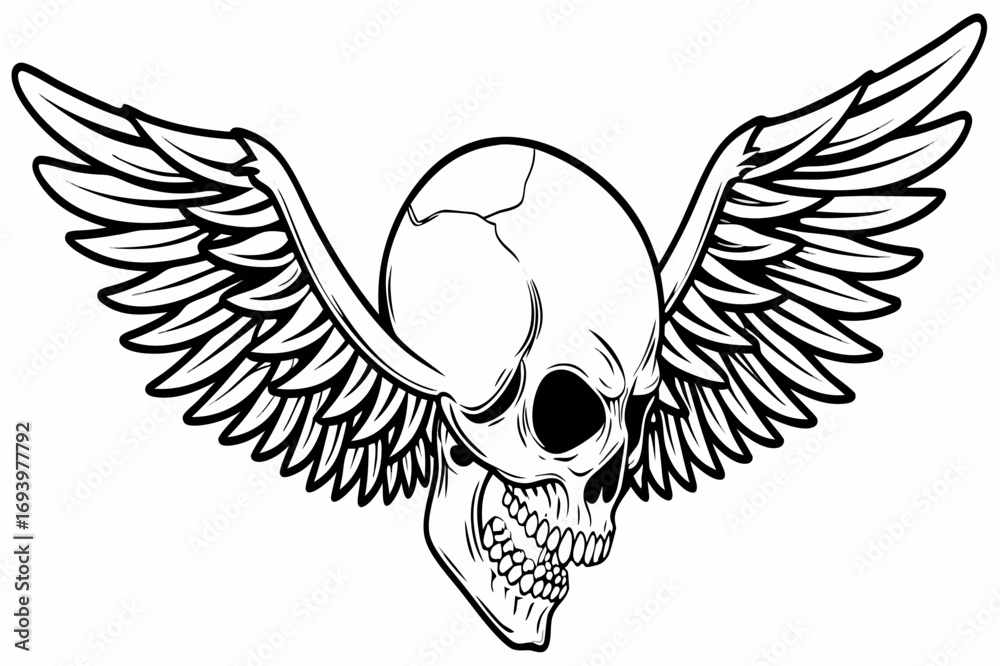Obraz premium Winged Skull Illustration – Gothic Tattoo Style with Angel Wings