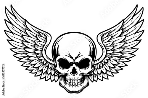 Winged Skull Illustration – Gothic Biker Emblem, Tattoo Style Skeleton Design 