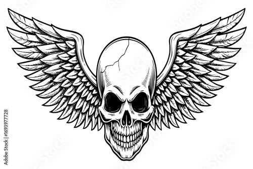Winged Skull Illustration – Gothic Biker Emblem, Tattoo Style Skeleton Design 