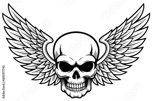 Winged Skull Illustration – Gothic Biker Emblem, Tattoo Style Skeleton Design 