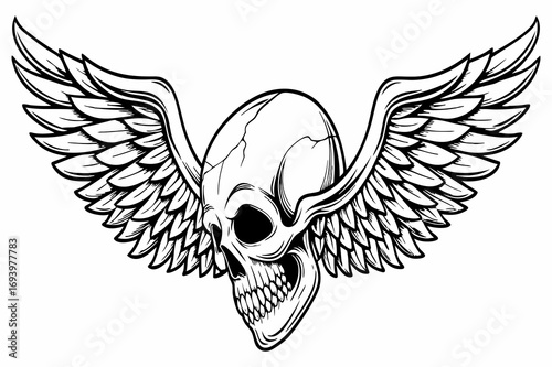 Winged Skull Illustration – Gothic Tattoo Style with Angel Wings