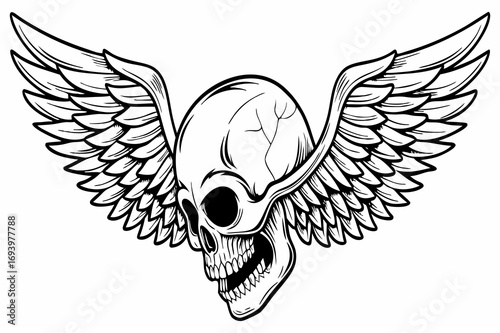 Winged Skull Illustration – Gothic Tattoo Style with Angel Wings