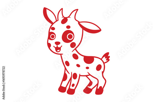 Happy cartoon goat with red spots stands cheerfully against a white background