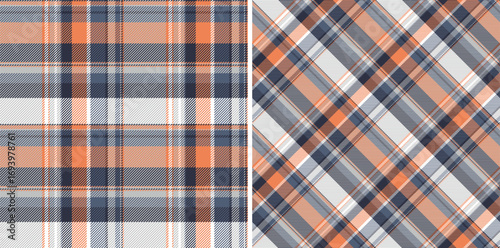 Classic plaid patterns in orange, gray, navy  white. Traditional fabric texture, versatile for backgrounds, textiles, design  fashion projects.
