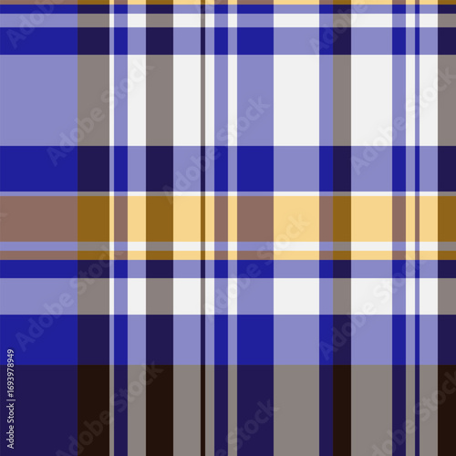 Geometric plaid design with intersecting lines in blue, grey, gold, and white. Versatile for backgrounds, textiles, or abstract artistic compositions.
