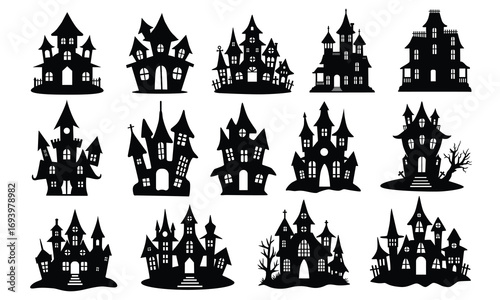 Halloween Haunted House Silhouette vector bundle and white background 