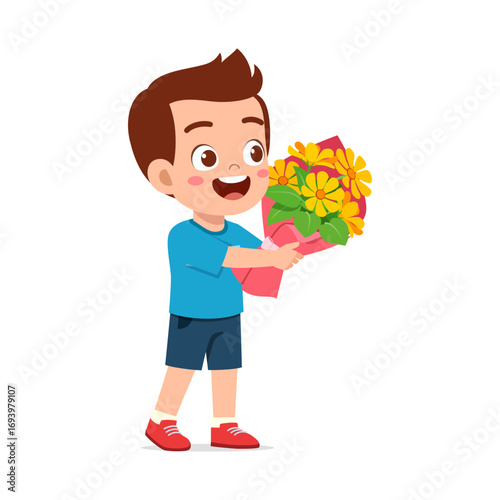 Happy Little Boy Holding Bouquet of Flowers with Smiling Expression isolated on White Background