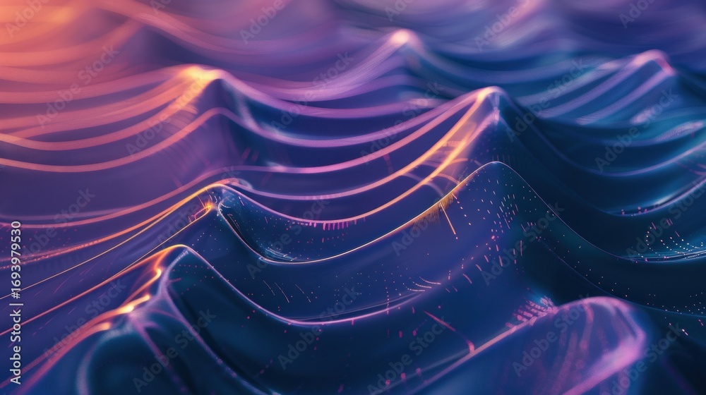 Obraz premium A vibrant, abstract digital wave pattern with a gradient of blue and purple hues, featuring a mix of geometric shapes and lines.