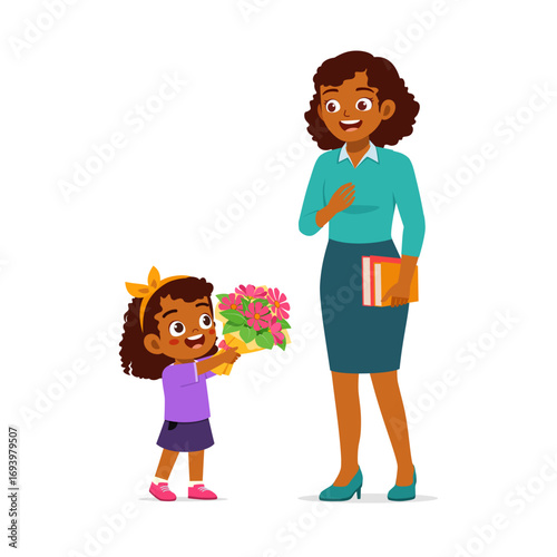 African girl gives flower bouquet to her teacher with smile in cartoon illustration