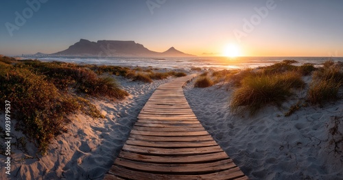 Wallpaper Mural Tranquil wooden path leads to a beach with ocean waves, under a warm, radiant sunset and mountainous skyline Torontodigital.ca