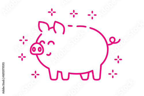 Happy pink pig outline smiles amidst radiant sparkles against a clean white backdrop