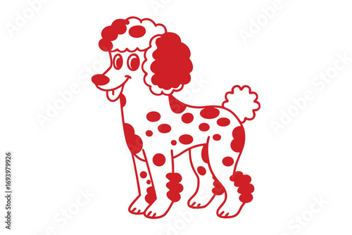 Happy red and white poodle with spots stands smiling on a white backdrop