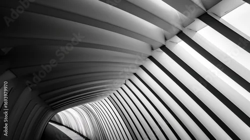 Obraz A modern, geometric, black and white architectural structure with a futuristic design, featuring a series of intersecting lines and shapes, creating a dynamic and abstract visual effect.