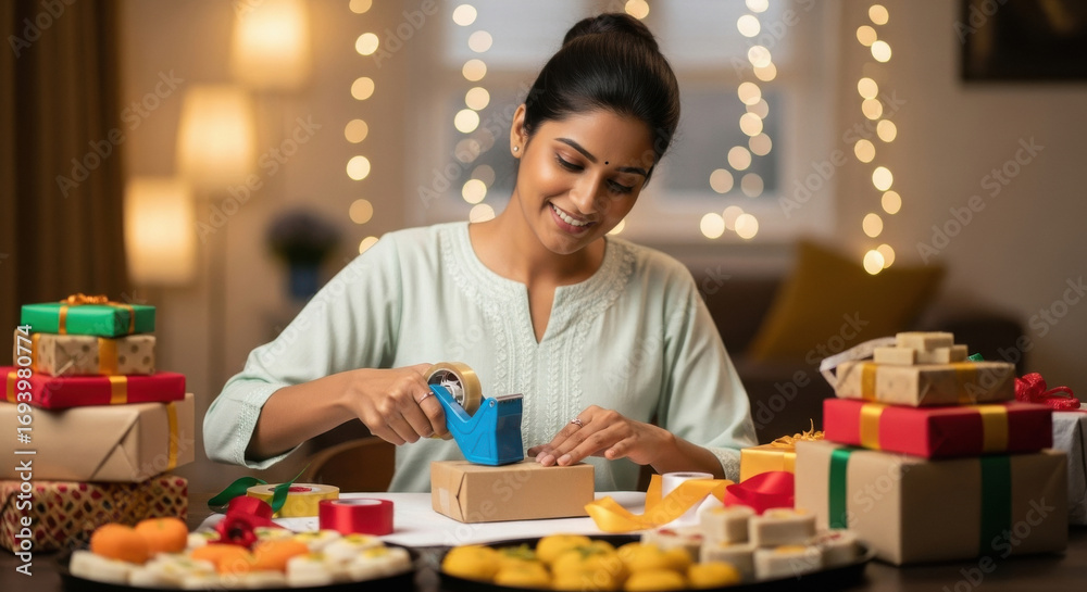 Fototapeta premium young indian woman wrapped gifts boxes using tape and ribbons on diwali festival