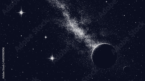 Cosmic galaxy with bright stars and a planet, starry milky way over dark blue sky. Abstract space background for astronomy.