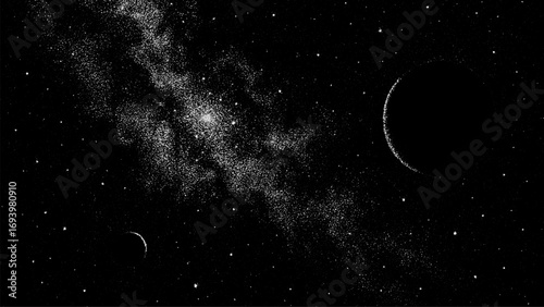 Black and white space with two planets and countless stars. Celestial body universe dark background, cosmic dot grain texture graphic for astronomical theme.