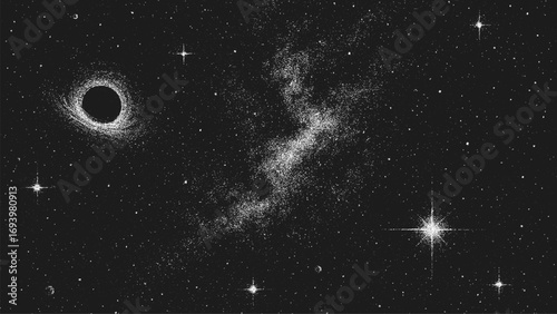 Far space black hole. Universe dot noise grain cosmic texture with galaxy and star. Abstract deep night sky vector illustration design.
