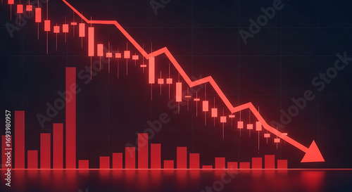 Red stock market crash chart with downward trend arrow and candlestick graph showing financial loss