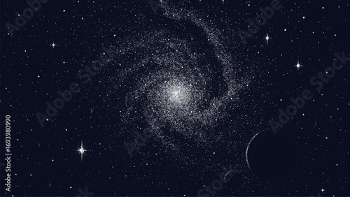 Abstract dark cosmic background with a galaxy, stars and planets. Outer space dot and grain noise vector illustration.