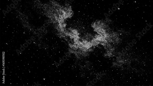 White dot grain noise texture on black background. Abstract digital space pattern for dark overlay design.