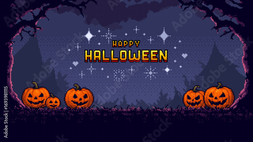 Happy Halloween pixel art background with spooky trees and jack o lanterns. Autumn holiday season digital game style.
