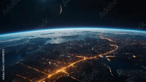 View from space of earth at night with city lights illuminating land and water bodies crescent moon and stars above