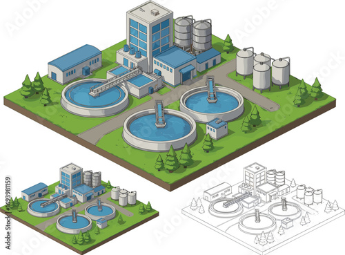 Isometric wastewater treatment plant illustration, industrial water purification system, clean energy facility, eco infrastructure, vector and outline design