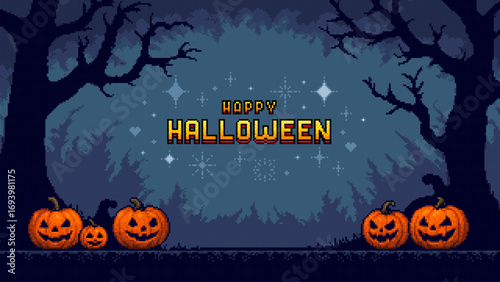 Happy halloween pixel art banner with smiling jack o lanterns. Spooky retro video game background for holiday greeting card.