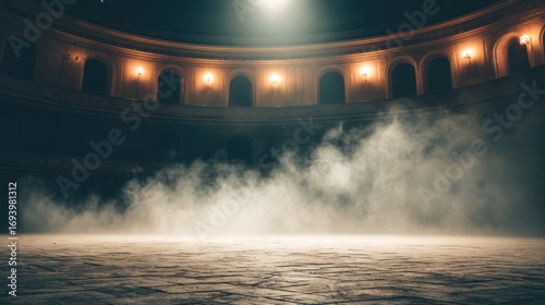 Dramatic stage with fog. Curved balcony with soft light. Dark theatrical space, waiting for the show to start
