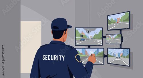 Security Guard Monitoring Surveillance Cameras in Control Room.