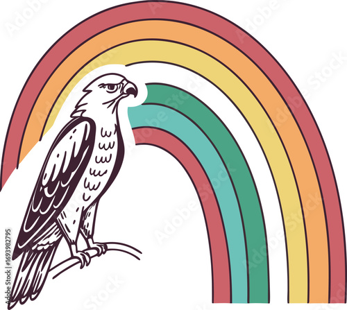 A vibrant parrot with rainbow wings and a colorful beak rests on a branch surrounded by flowers, a cute vector design perfect for a tropical illustration