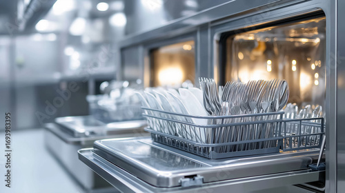 Modern stainless steel commercial dishwashing machine with open door in a professional kitchen. Perfect for restaurant, catering, and industrial cleaning concepts.