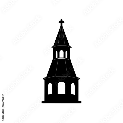 Silhouette of a church steeple with cross on transparent background