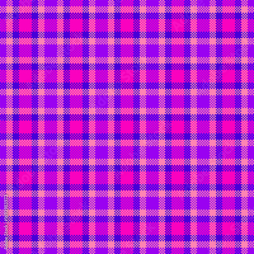 Vibrant pixelated plaid pattern in hues of pink, purple and lilac. Retro, colorful, and eyecatching. Great for backgrounds, textiles, or digital art.