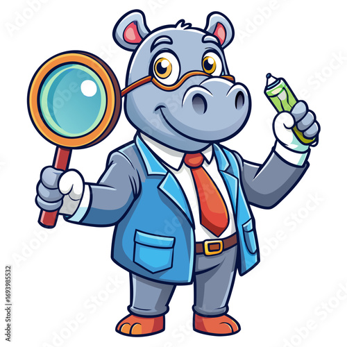 Lively businessman hippo examines magnifying glass closely while smiling confidently