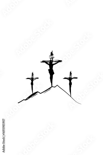 Dramatic depiction of three crucifixions on a desolate hill, symbolizing sacrifice and faith