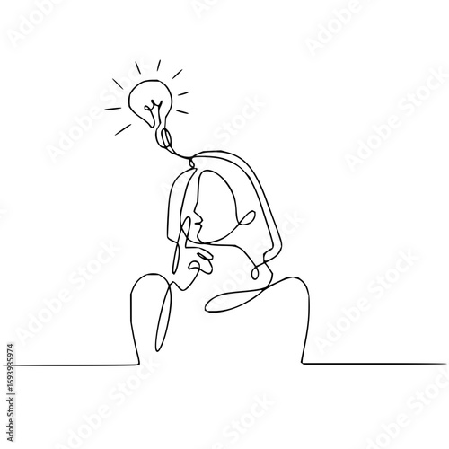 Person with bright idea light bulb above head, contemplating a new concept, inspiration strikes