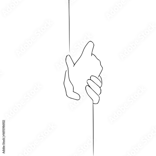 Two hands grasp a thin line symbolizing connection, support, and overcoming challenges together.