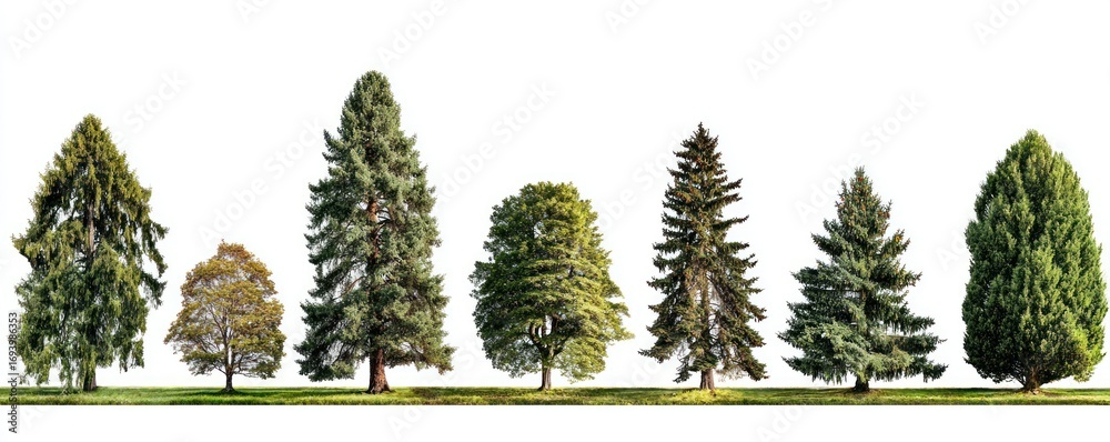 Fototapeta premium Seven various green trees on a grass strip, isolated against a bright white background, in a line