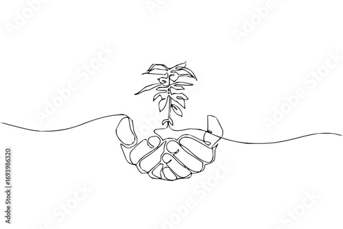 Gentle hands cradle a delicate seedling, symbolizing growth, care, and new beginnings in a minimalist style.