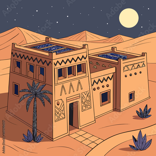 Illustration of an adobe house in a desert landscape, lit by a full moon, showcased among other art on a stock photo website. The house has unique architectural details.