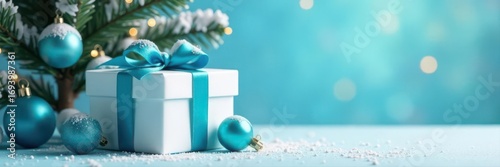 Elegant white gift, cyan bow, blue baubles, snowy tree, azure backdrop , merry christmas, christmas sale