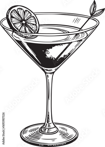Cosmopolitan Cocktail Vector Illustration, Sketch Drawing Line Linear Symbol Icon Engraving Coloring Book, Hand-drawn Doodle Black and White Isolated