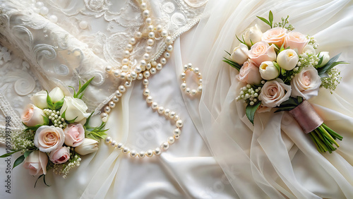 Wedding Elegant Flat Lay with Dress Details and Bouquet