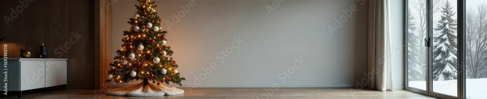 Fototapeta premium Ornate Christmas tree stands alone in minimalist living room, empty room, still life, design