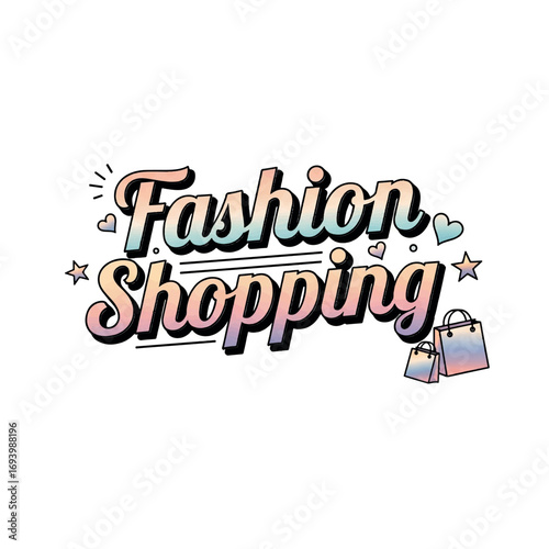 Vector graphic of the text Fashion in a hand-drawn, whimsical style, bright primary colors, playful elements, white background, twilight light, with a neon glow effect framing the text