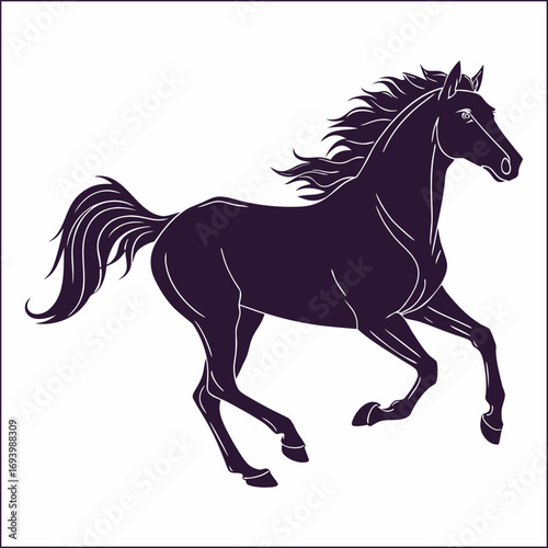 A striking silhouette of a graceful horse trotting smoothly across a plain white background, perfect for graphic design, logo creation, equestrian themes, and illustrations, with a clean and modern ae