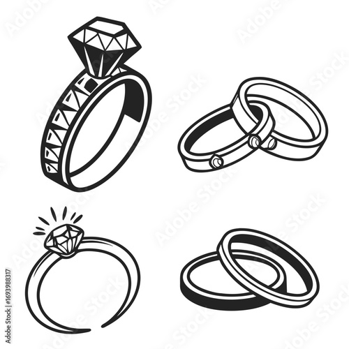 Diamond solitaire and wedding band ring icons engagement