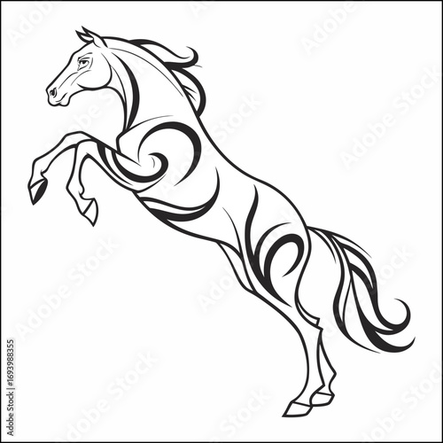 A striking silhouette of a graceful horse trotting smoothly across a plain white background, perfect for graphic design, logo creation, equestrian themes, and illustrations, with a clean and modern ae